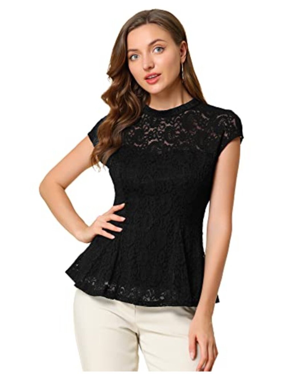 Crochet Peplum Floral Lace Blouse Mock Neck Keyhole Back Sleeveless Top